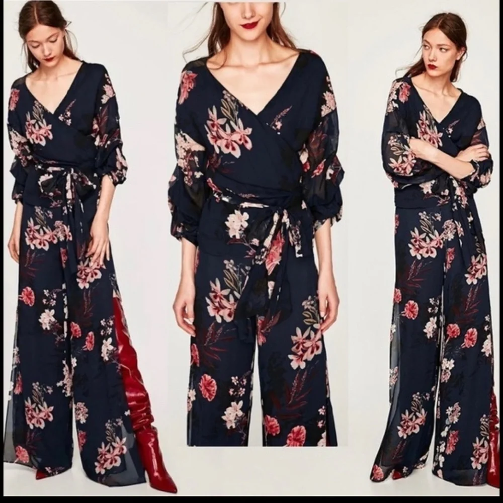 ZARA navy blue pink floral flower chiffon wide leg slit hem pants Sz M - Picture 14 of 14